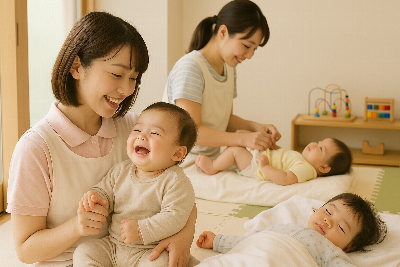 保育室で0歳児の赤ちゃんを抱っこする保育士。笑顔で見つめ合いながら安心した表情。奥では別の保育士が寝かしつけやおむつ替えをしている。柔らかな自然光が入る静かな室内。