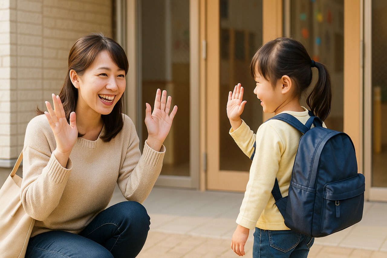 親子が玄関でハイタッチする瞬間