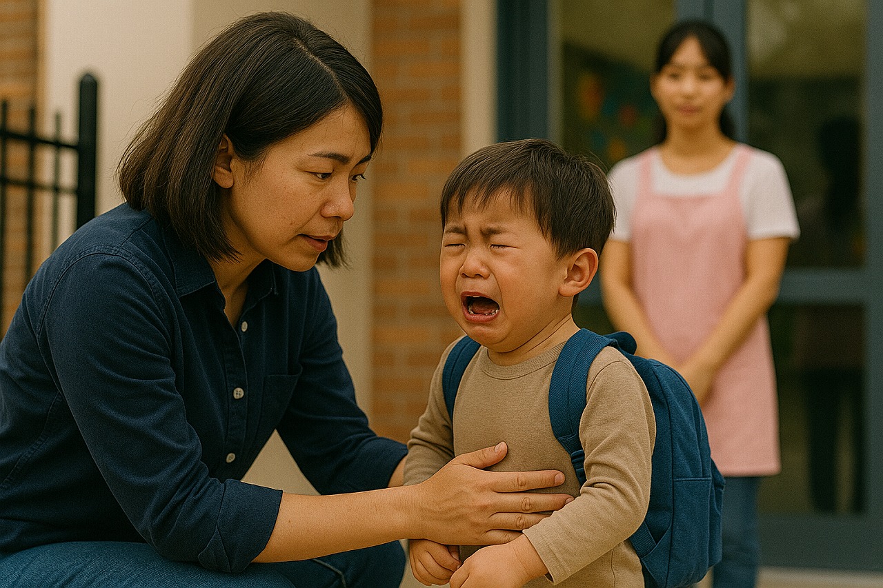 親と離れる瞬間に泣き出す小さな子どもを抱きしめる母親の後ろ姿