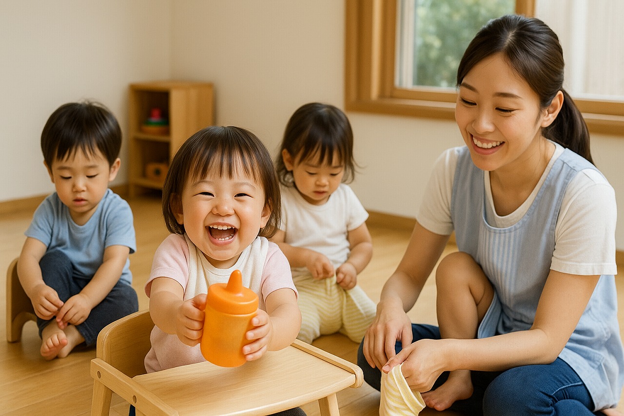 明るい保育室で1歳児たちが靴下を履いたり、コップを持ったりしている様子。保育士が笑顔でそばに寄り添い、子どもたちは「自分でやってみたい」と挑戦している。自然光が差し込む木の床の部屋。