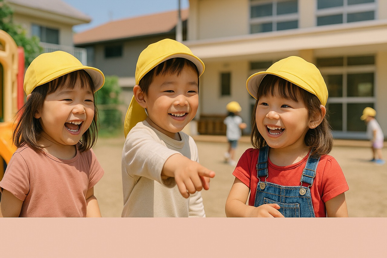 園庭で帽子をかぶった子どもたちが笑いながら遊んでいる様子。指をさして何かを見つけている子どもたち。背景に園舎と他の園児が写り、明るい夏の日差しの中でにぎやかに過ごしている。  特徴: