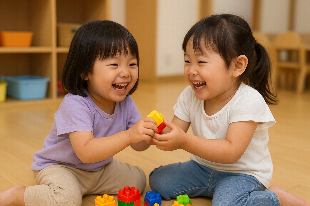 教室でおもちゃに夢中になって遊ぶ子どもたち