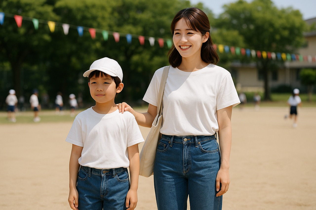 保育園の運動会で、白Tシャツとデニムの親子が笑顔で手をつなぐリンクコーデの様子。秋晴れの園庭で自然な笑顔が印象的。