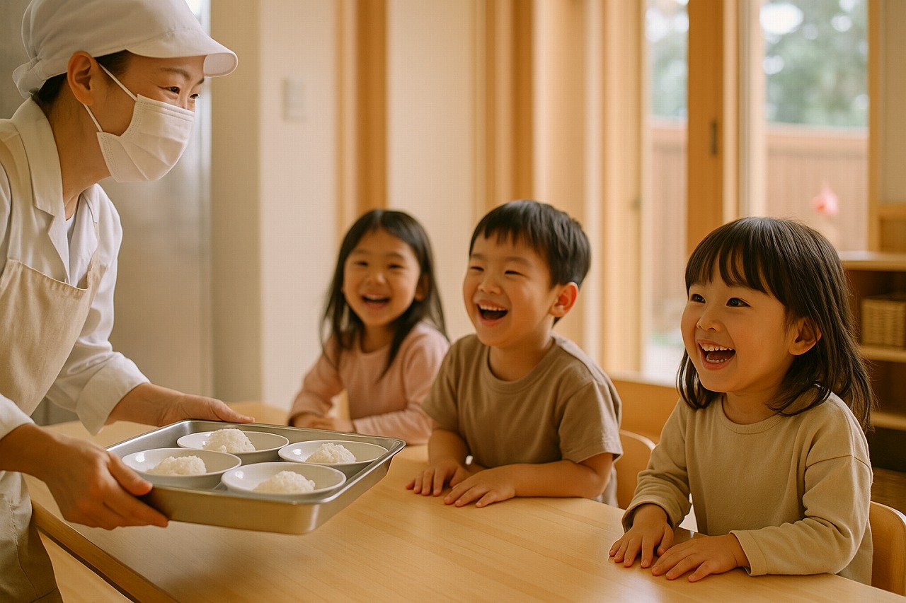 給食室から料理が運ばれるシーン。子どもたちがワクワクして待っている表情。自然光が差し込む明るい空間