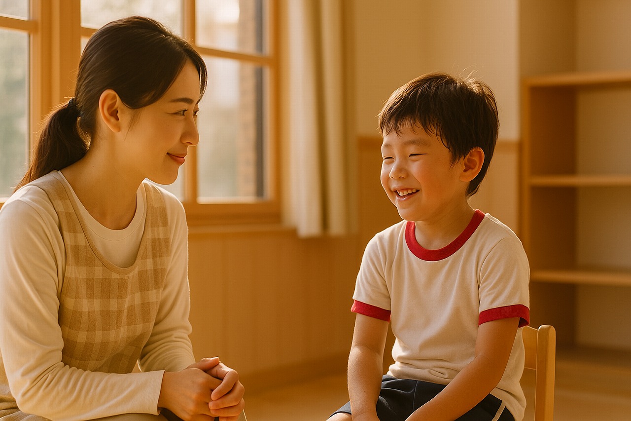 運動会のあと、保育室で先生と子どもが振り返りをしている様子。あたたかな光に包まれた安心感のある風景。