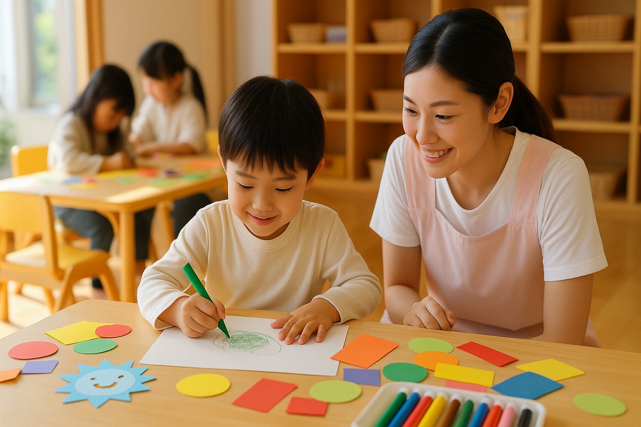 午後の保育室で制作を楽しむ子どもと見守る保育士。優しい日差しに包まれた温かな時間。