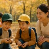 紅葉した公園でどんぐりを拾う園児たちと保育士。木漏れ日の中で笑顔があふれる秋の遠足のひとこま。