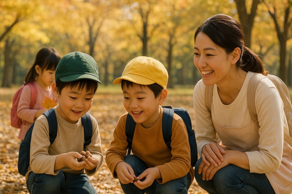 紅葉した公園でどんぐりを拾う園児たちと保育士。木漏れ日の中で笑顔があふれる秋の遠足のひとこま。