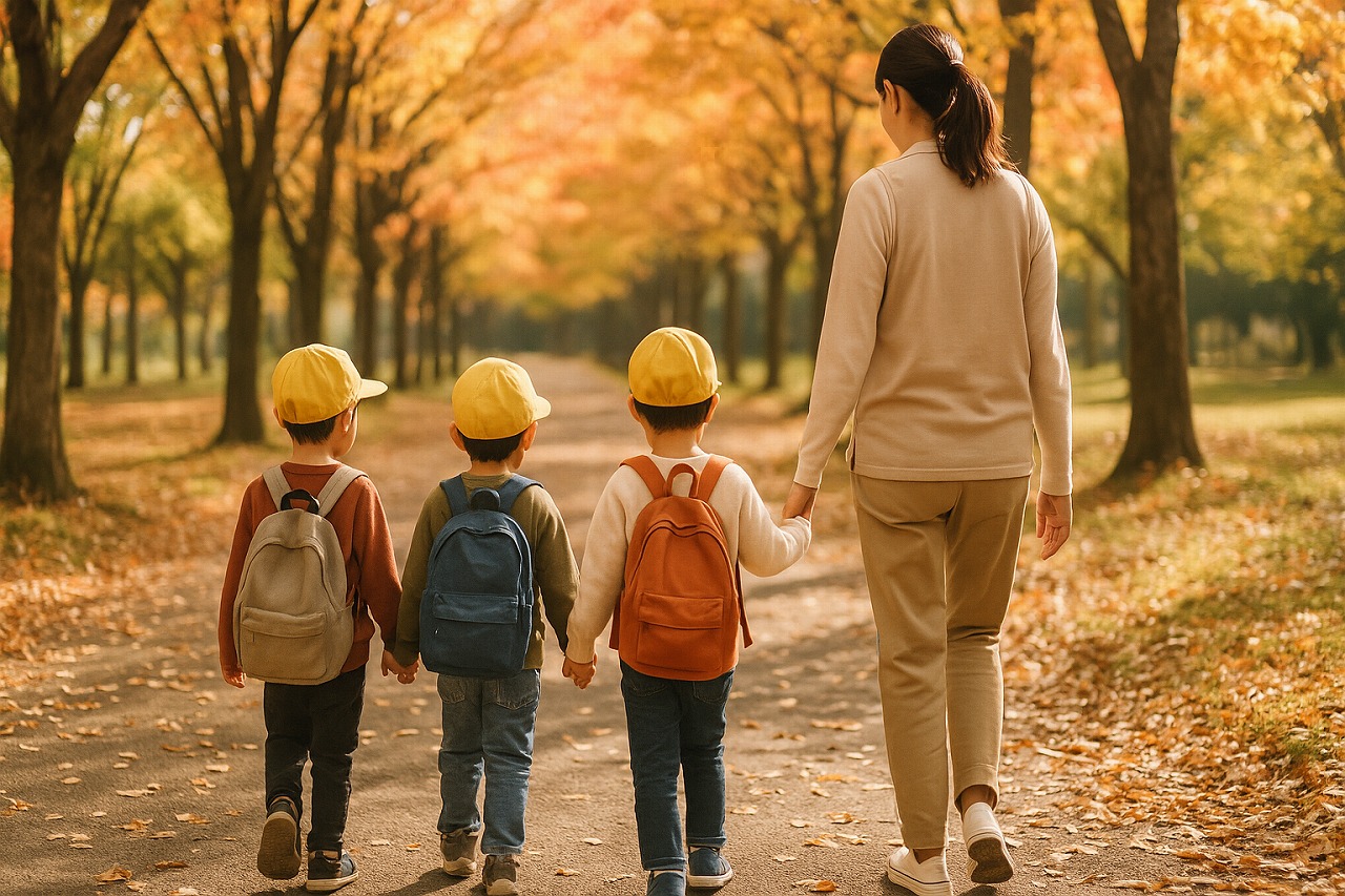 紅葉の並木道を歩く園児たちと保育士の後ろ姿。秋の光に包まれた遠足の道のり。