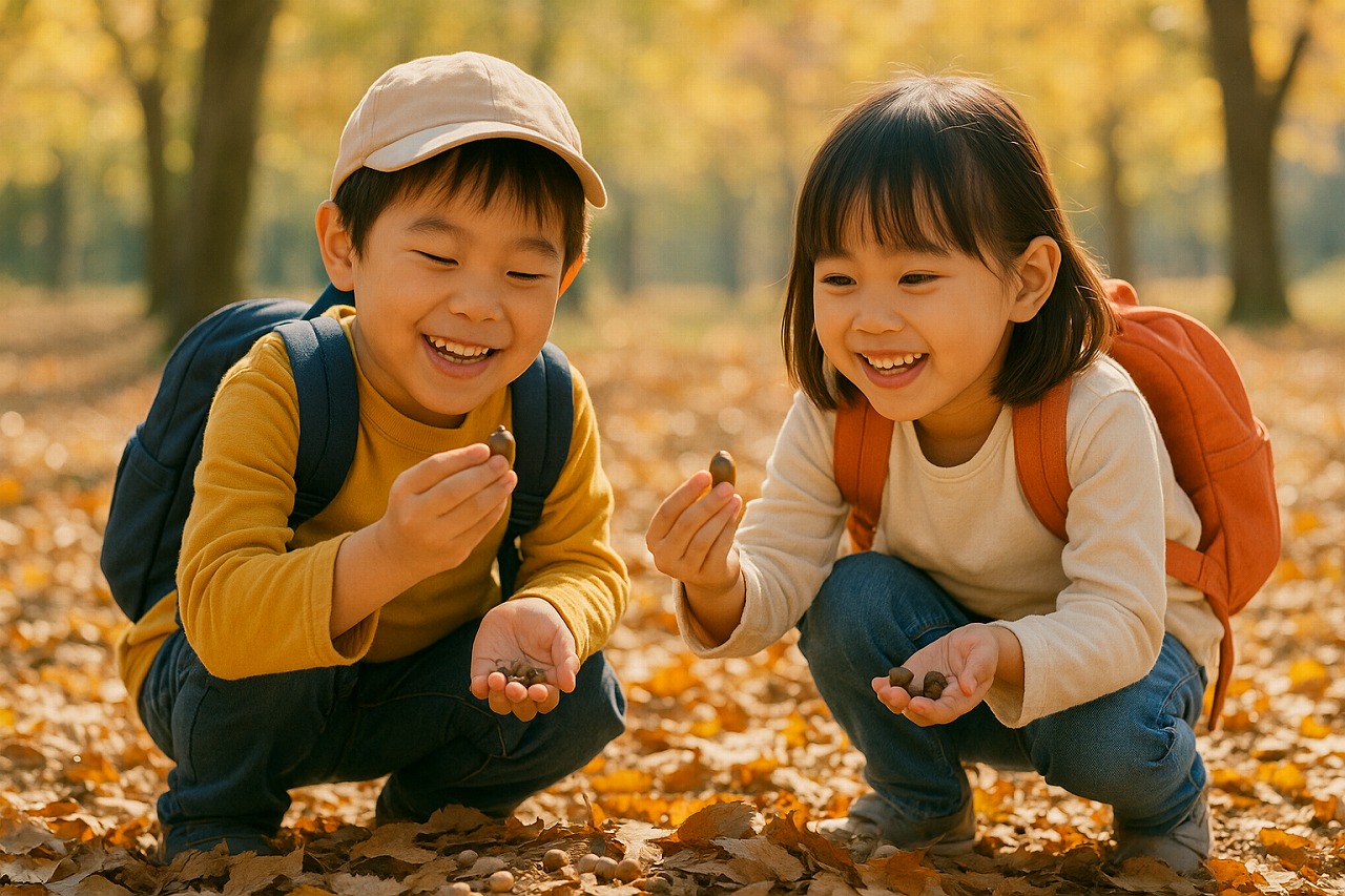 公園で落ち葉やどんぐりを拾う園児たち。木漏れ日を浴びて夢中に観察する様子。