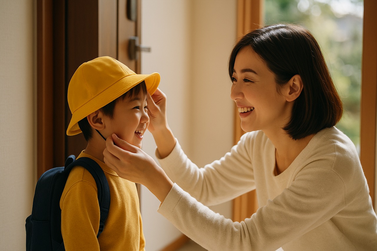 登園準備で帽子をかぶる子どもと微笑む母親の朝の玄関風景。