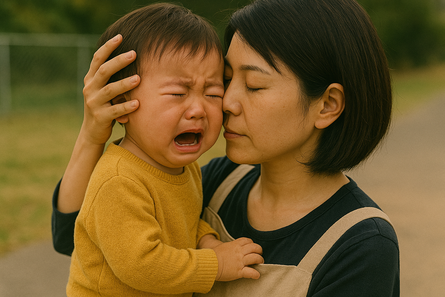 抱っこされながら涙を流す幼児