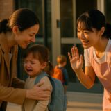 保育園の門で笑顔で手を振る親子（子どもは少し涙ぐんでいるが、保育士が優しく迎えている）