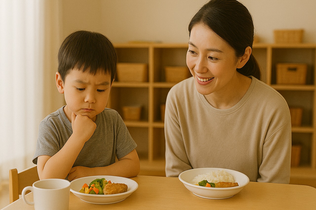 苦手な野菜を一口食べようと頑張る子どもと、そっと励ます保育士の姿。
