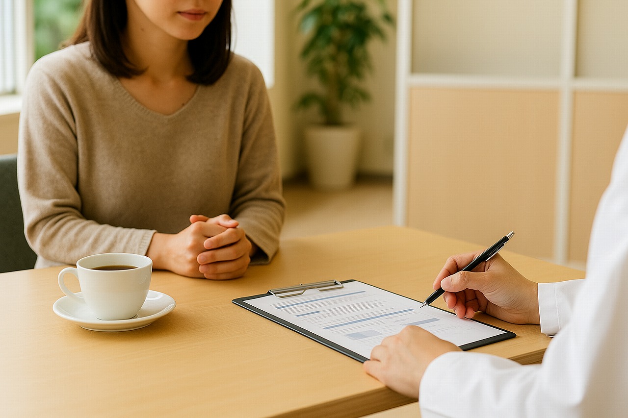 保健センターでスタッフに育児の悩みを相談する母親。落ち着いた雰囲気。