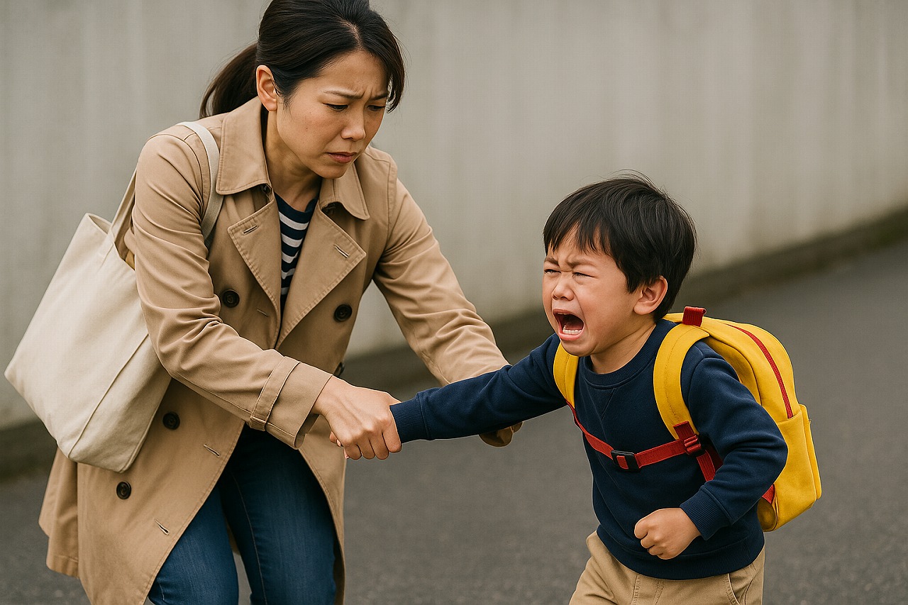 泣く子どもをきつく引っ張る