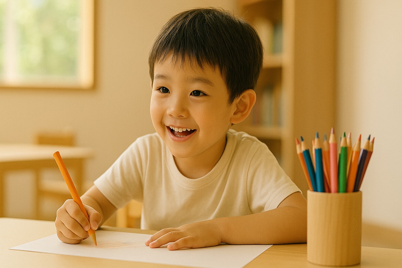 教室でお絵かきを楽しむ子ども。集中したまなざしと自然光の温かさが印象的。