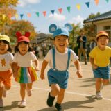 絵本をテーマにした保育園の運動会で、子どもたちが登場人物になりきって笑顔で走る姿。秋の光に包まれ、保育士と保護者が見守っている。