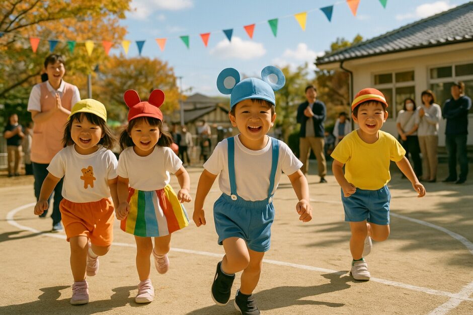 絵本をテーマにした保育園の運動会で、子どもたちが登場人物になりきって笑顔で走る姿。秋の光に包まれ、保育士と保護者が見守っている。