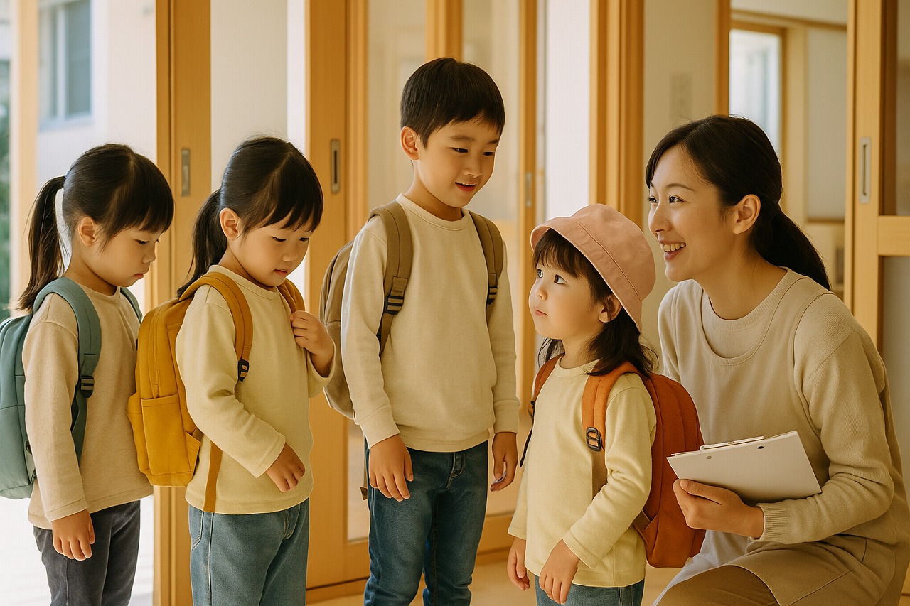 秋の遠足へ出発する園児たちと保育士。玄関先で準備を整える温かい朝の風景。