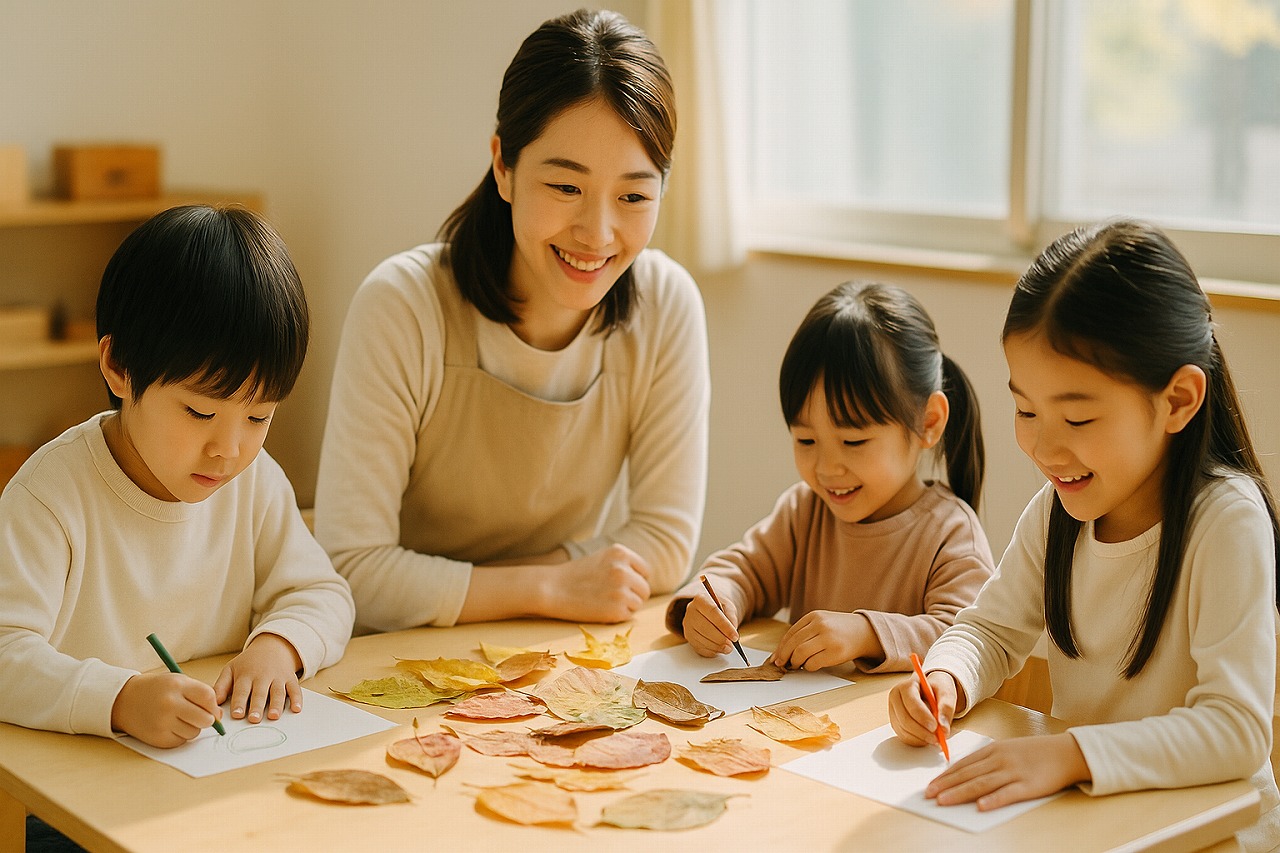 遠足で拾った落ち葉を机に並べ、作品作りを楽しむ園児たち。秋の思い出を振り返る時間。
