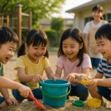 園庭で遊ぶ子どもたちが笑顔で過ごす様子。自然光に包まれた保育園の午後の風景。