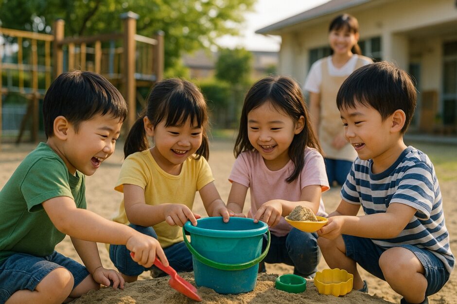 園庭で遊ぶ子どもたちが笑顔で過ごす様子。自然光に包まれた保育園の午後の風景。