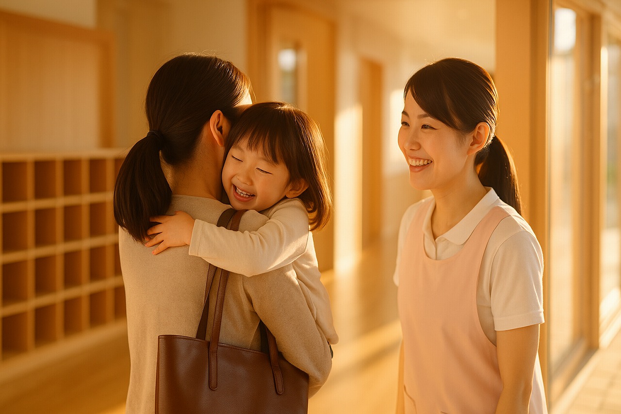 保育園の夕方、お迎えに来た保護者に抱きつく子どもと笑顔で見送る保育士。