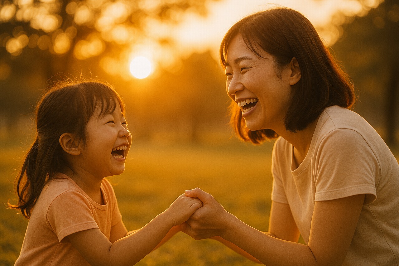 夕方の公園で手をつなぎ笑う親子の姿。オレンジの光に包まれたあたたかな時間。