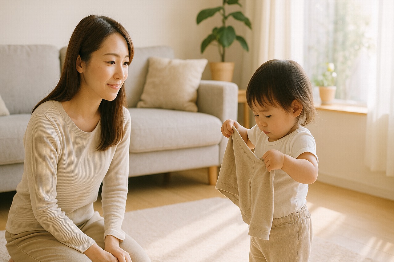 服を自分で着ようと頑張る2歳児と、それを優しく見守る母親。イヤイヤ期の成長を感じる家庭のワンシーン。