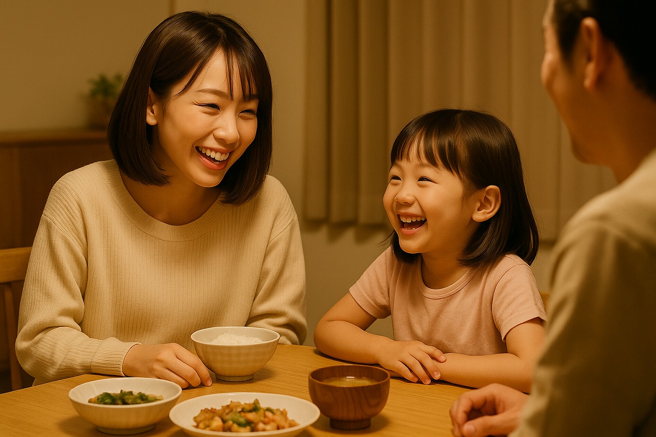夕食の時間、あたたかな照明の下で笑顔で話をする母親と子ども。木のテーブルに並ぶ食事と、家族のやさしい雰囲気が伝わる家庭の一場面。