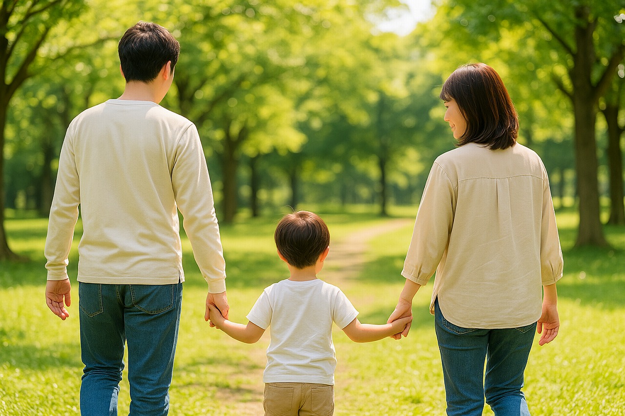 緑の公園を家族で散歩する姿。穏やかな陽射しと自然な笑顔が印象的なシーン。