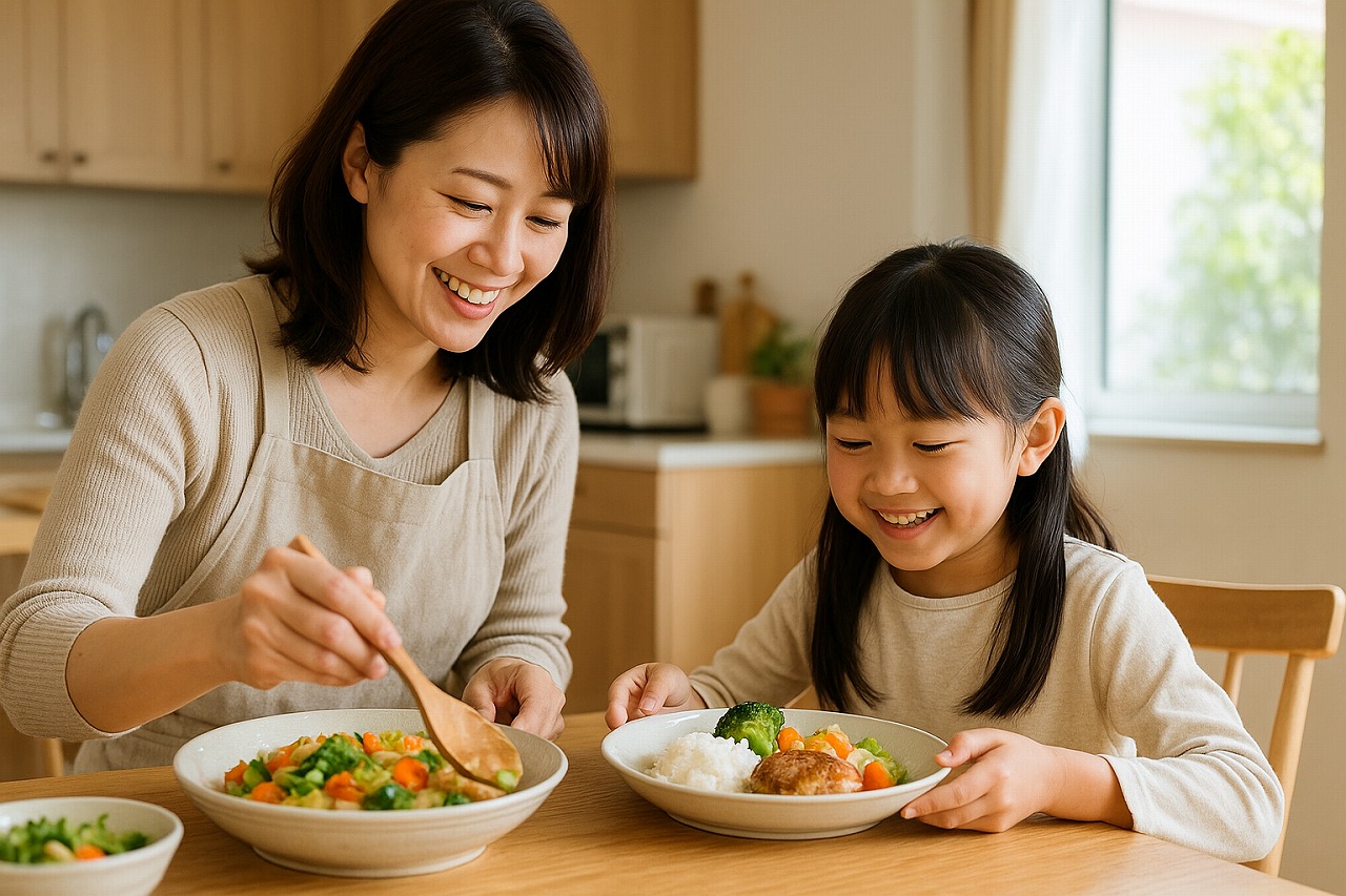 家庭で親子が一緒に食卓を準備する様子。明るいキッチンに笑顔が広がる。