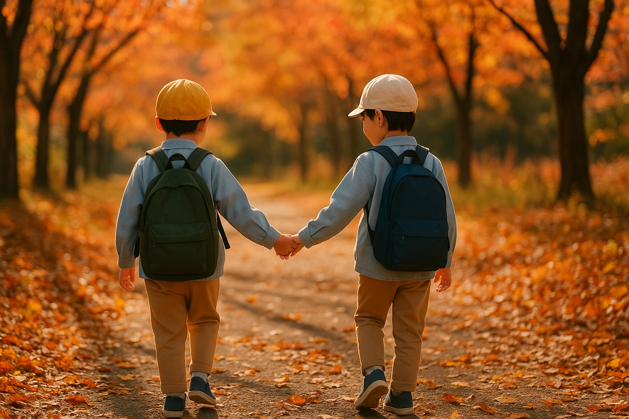 手をつなぎながら秋の道を歩く園児たち。友だちを思いやる優しい瞬間