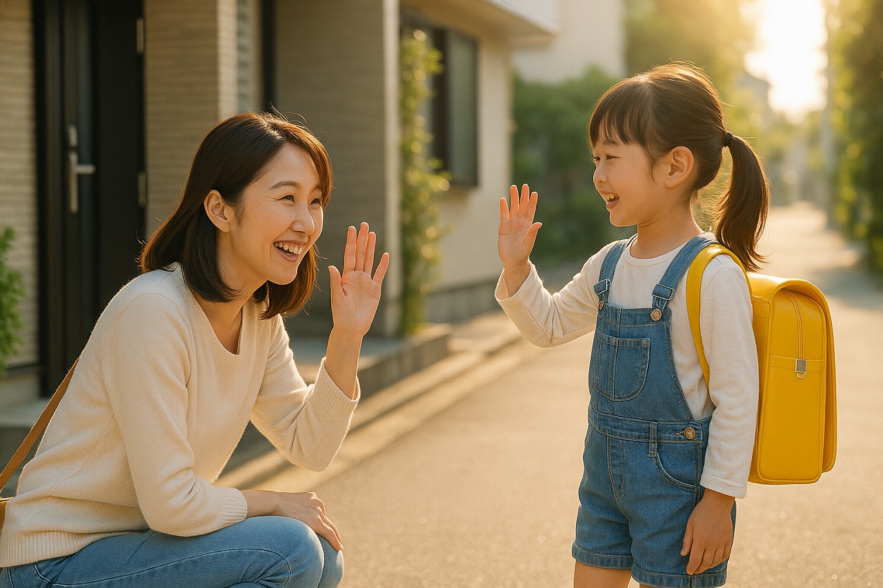 登園時に笑顔で手を振る親子。明るい朝の空気に包まれた安心感のあるシーン。