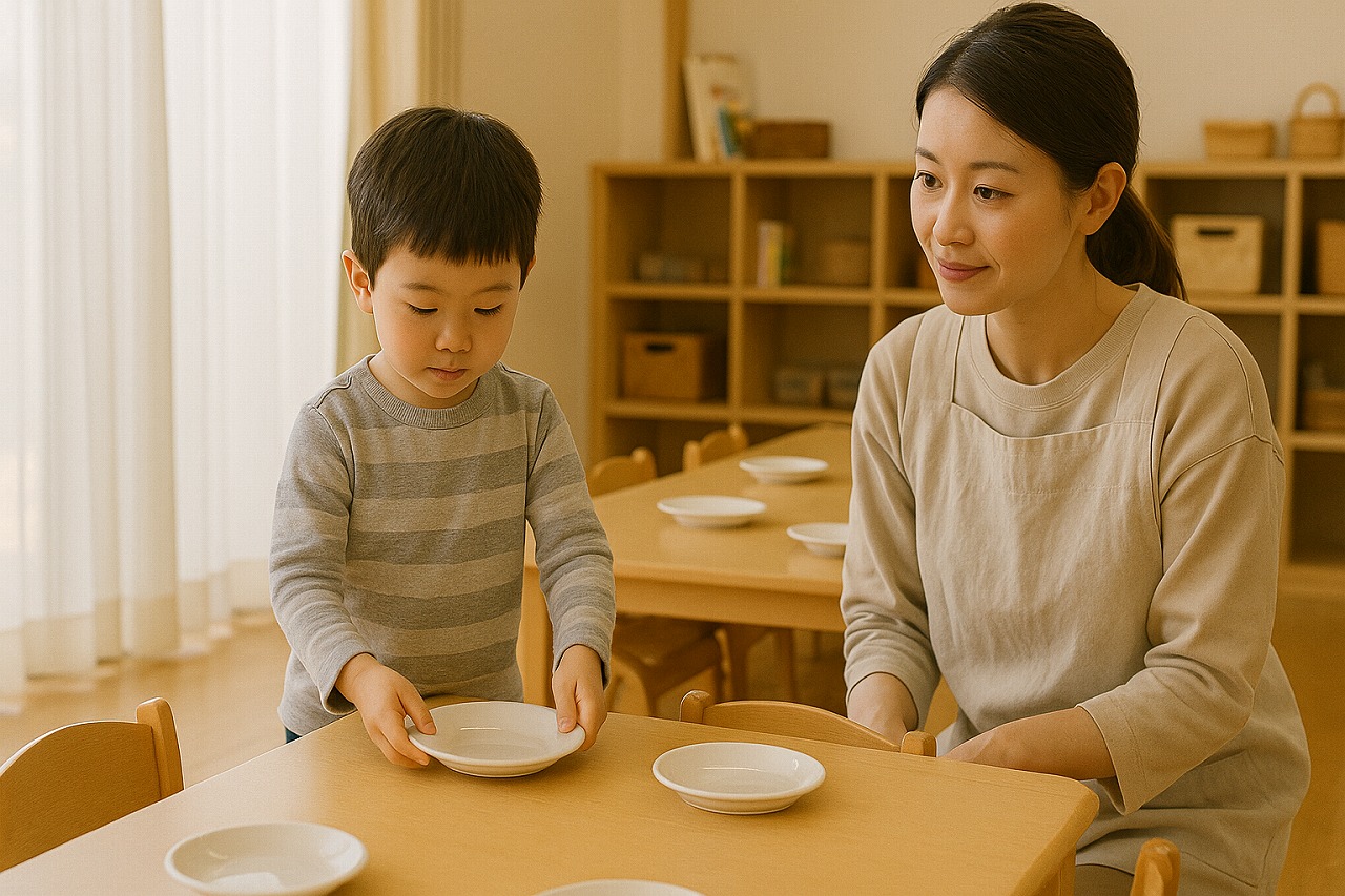 配膳を手伝う子どもと、それを見守る保育士。自立を育む日常の一コマ。