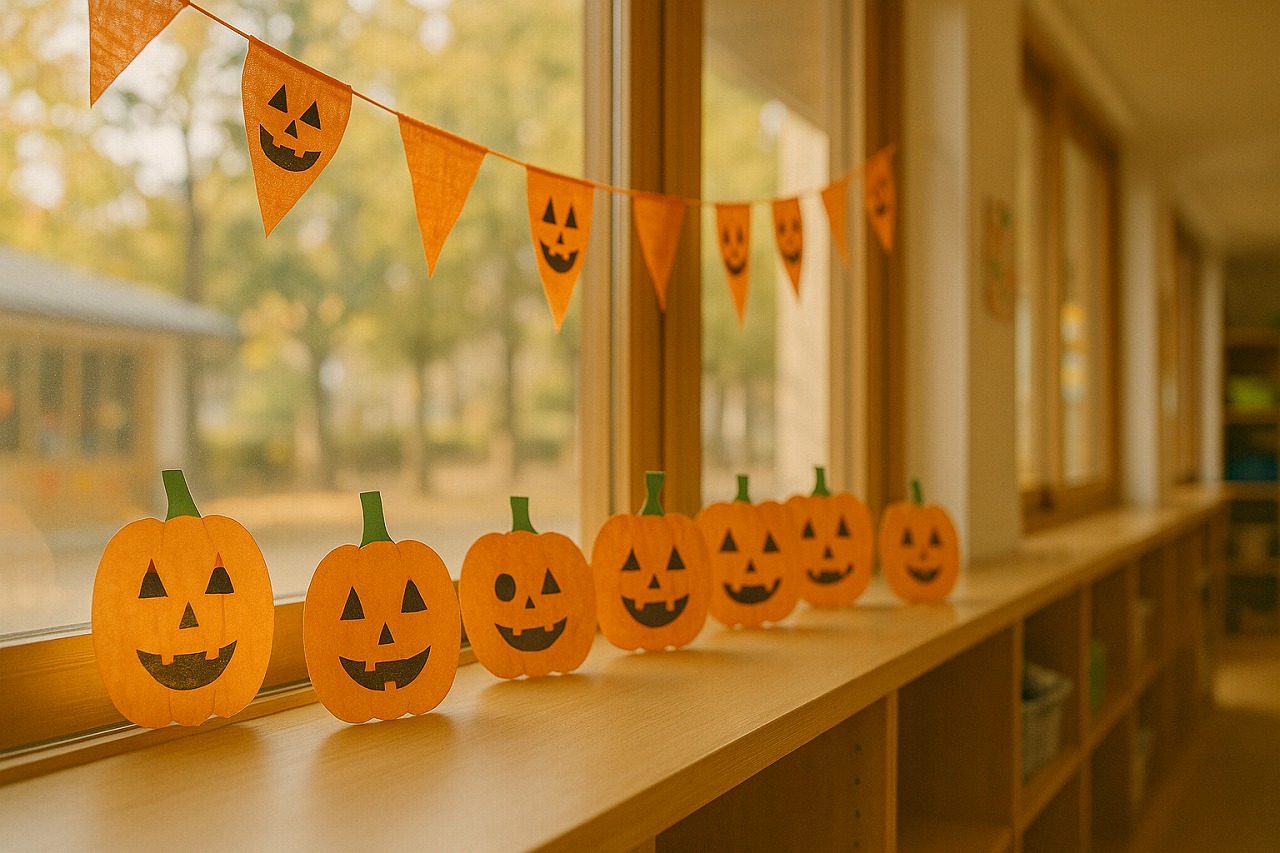保育園玄関に飾られた子どもたちのハロウィン工作。秋らしい装飾と穏やかな光。