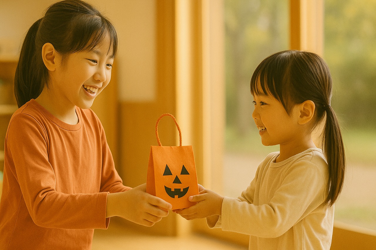 年長児が小さい子にお菓子を渡す優しい瞬間。保育園のハロウィン行事風景。