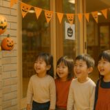 保育園の玄関前でハロウィンの飾りを楽しむ園児たち。オレンジ色の装飾と笑顔があふれる秋の日の風景。