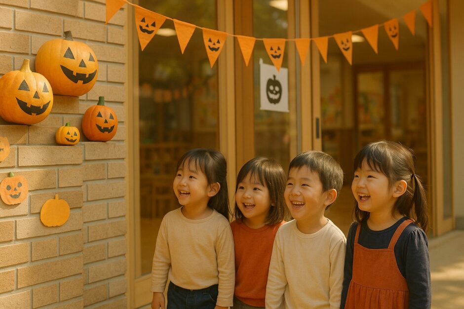 保育園の玄関前でハロウィンの飾りを楽しむ園児たち。オレンジ色の装飾と笑顔があふれる秋の日の風景。