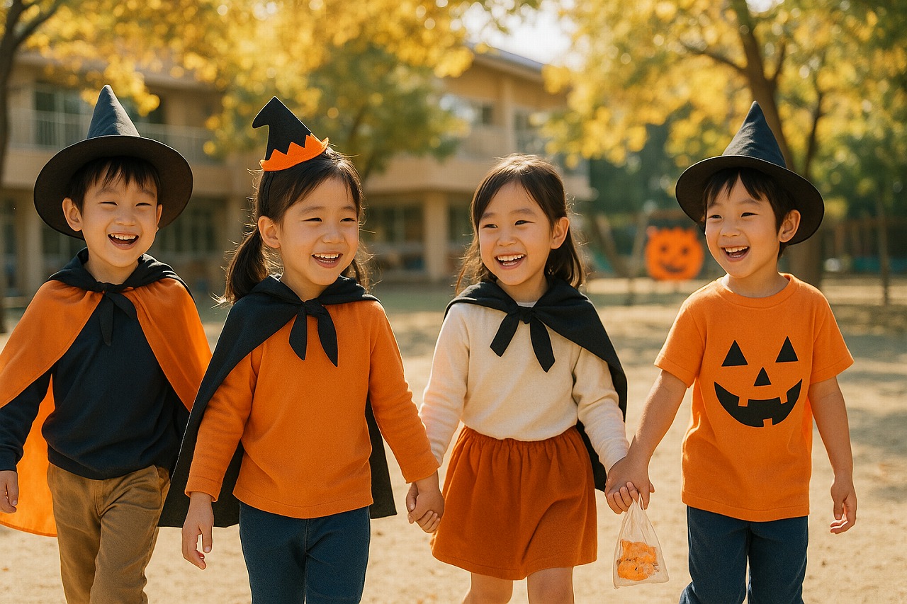 園庭でハロウィンパレードを楽しむ園児たち。秋の木漏れ日と笑顔。