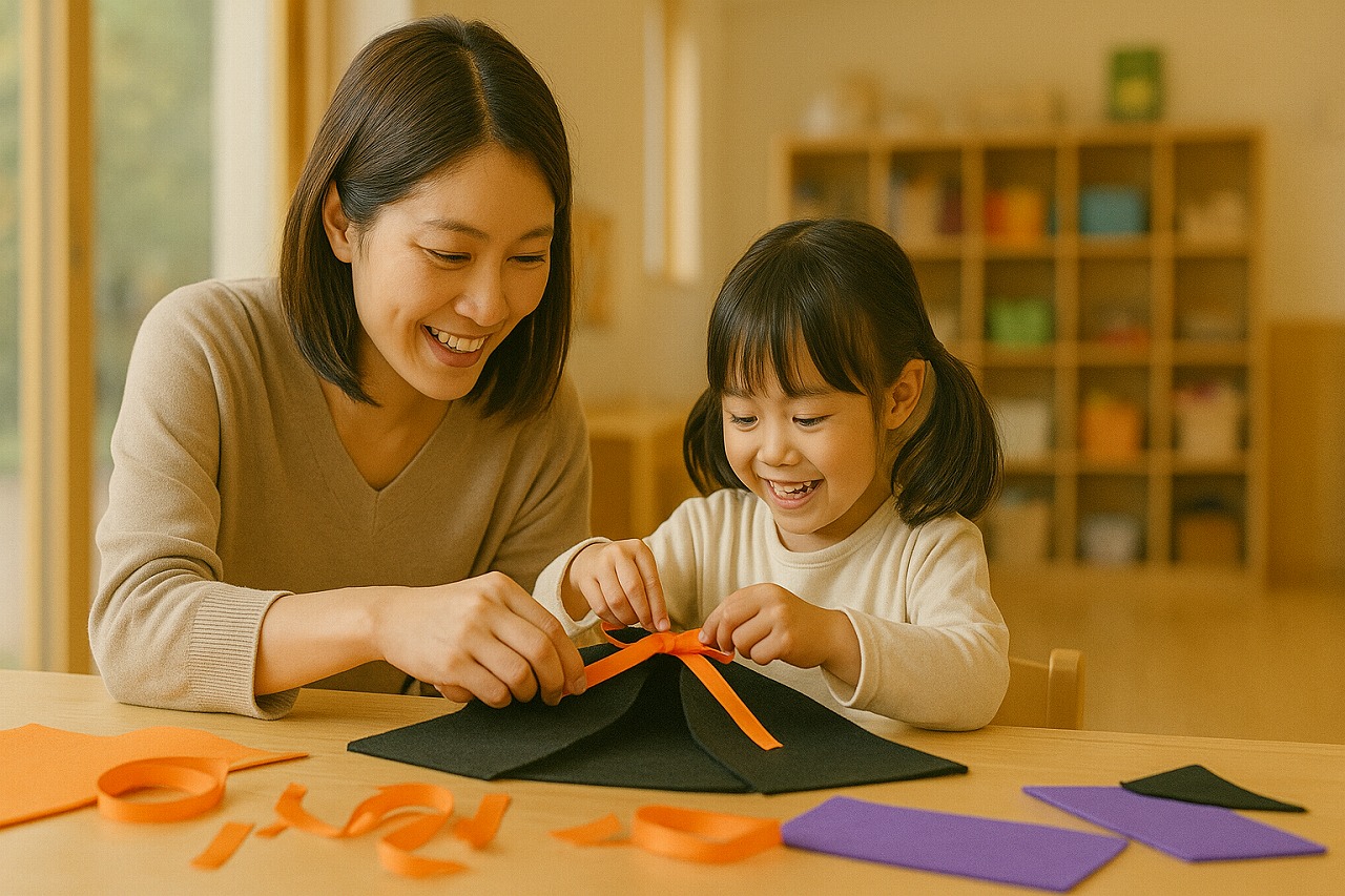 保護者と一緒にハロウィン衣装を作る親子の様子。明るい教室と笑顔。