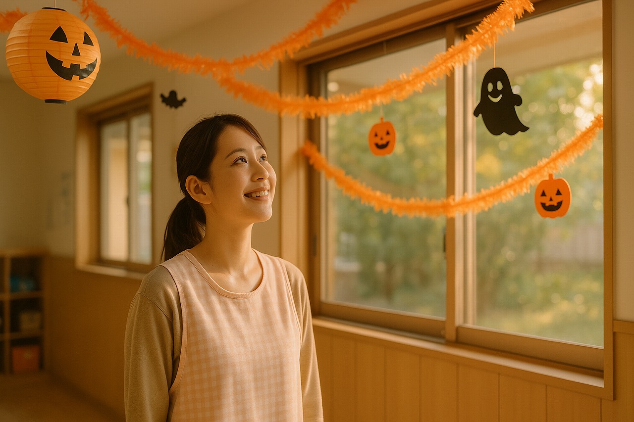 夕方の保育室で飾りを見上げる保育士。穏やかな時間と温かな雰囲気。