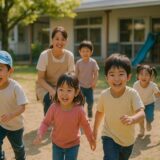保育園の園庭で、保育士に見守られながら元気に遊ぶ子どもたち。自然光の中で安心して過ごす様子。