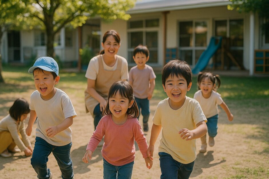 保育園の園庭で、保育士に見守られながら元気に遊ぶ子どもたち。自然光の中で安心して過ごす様子。