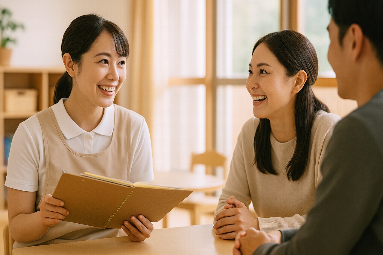 運動会後、教室で保育士と母親が笑顔で話している様子。木の温もりを感じる室内の雰囲気。