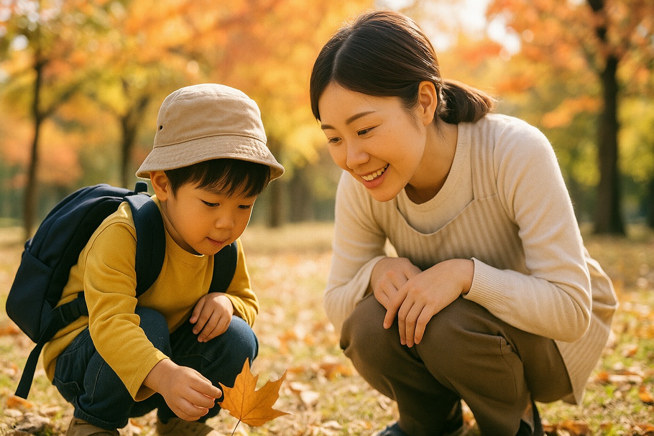 保育士が園児と一緒に落ち葉を観察する秋の公園。やさしい笑顔と木漏れ日の情景。