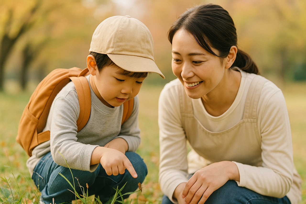 草むらをのぞき込みながら小さな発見を共有する保育士と園児。自然の中の探究の瞬間。