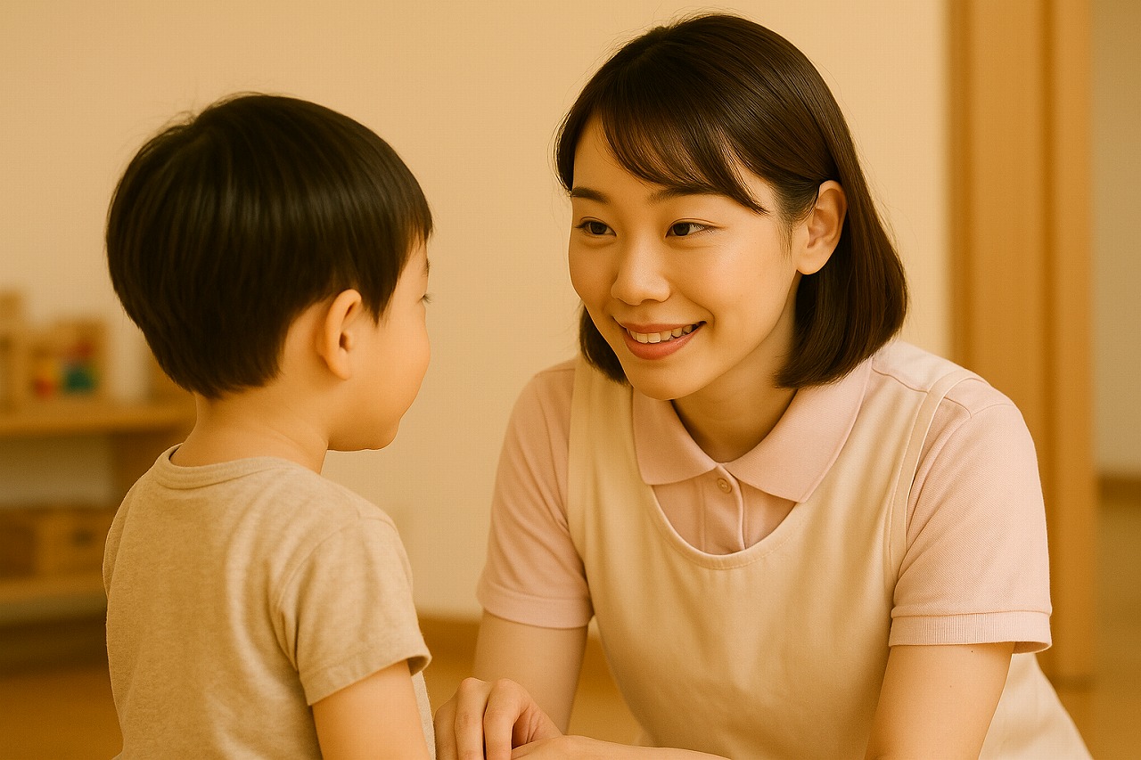 保育室で、保育士が子どもの目線に合わせて優しく話している様子。あたたかな室内光に包まれ、穏やかな笑顔と信頼関係が感じられる場面。