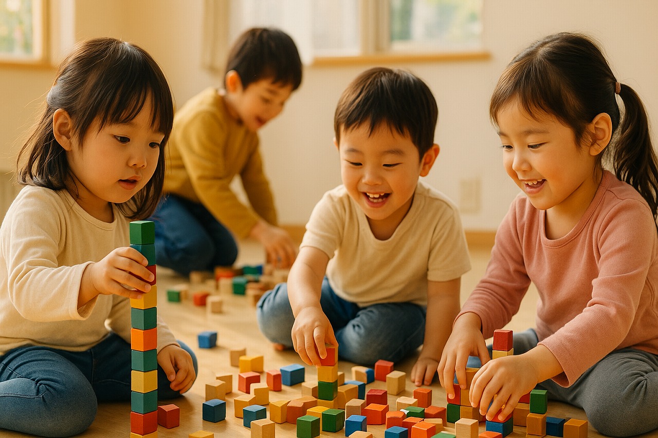 カラフルな積み木で遊ぶ複数の子ども。多様な表情、自然光。